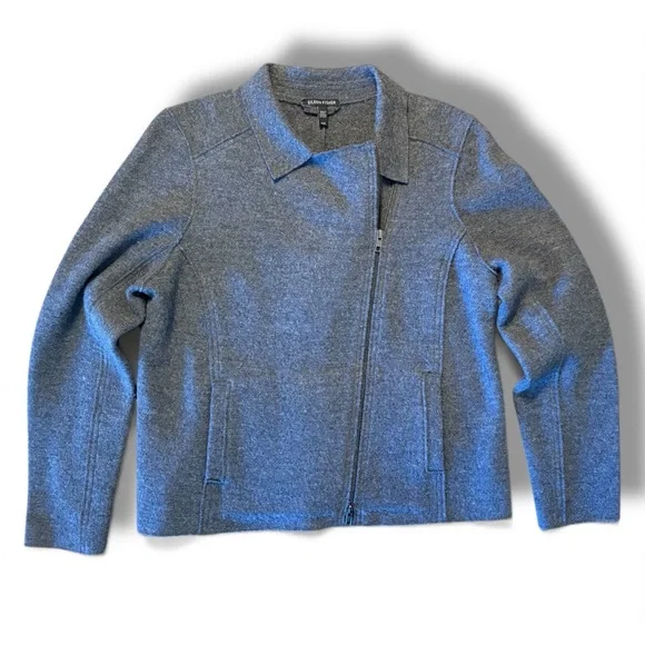 Eileen Fisher Wool Alpaca Herringbone Motorcycle Jacket Medium Moon Gray  Moto - Picture 11 of 12